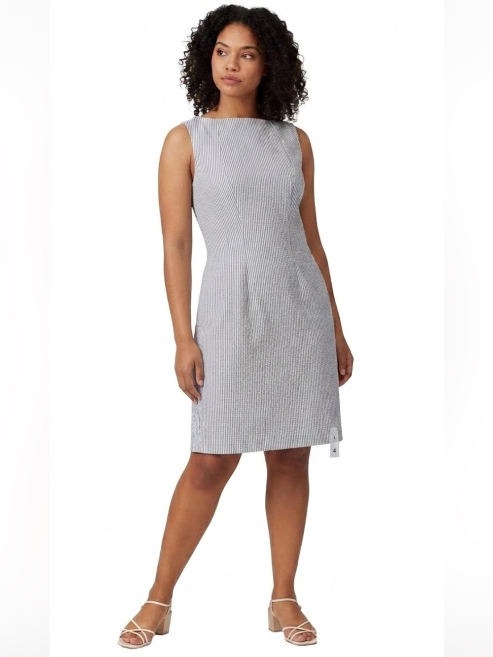 Lafayette 148 NY Seersucker Sheath Dress White Blue Striped Women's sz 4 EUC